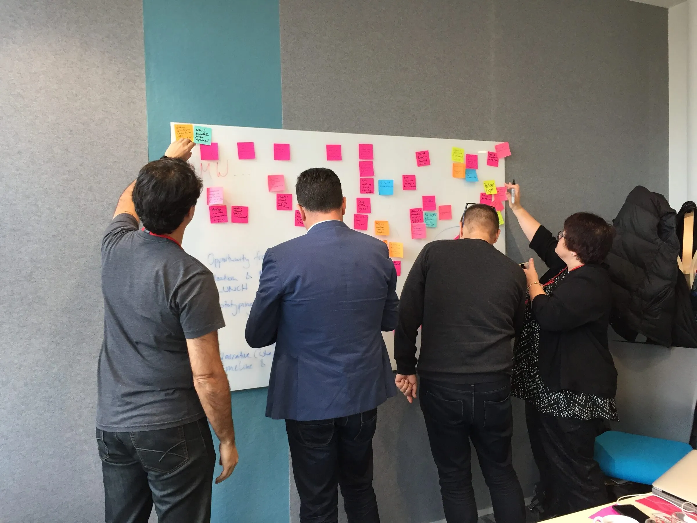 A team pinning sticky notes to a journey map wall in a workshop
